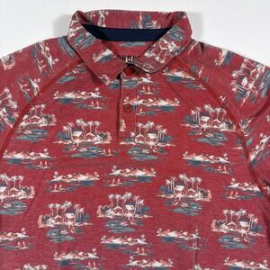 Rhone Polo Shirt Men Medium Tropical Island Print Raglan Red Lightweight Stretch